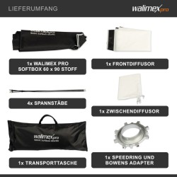 Walimex pro Basic Softbox 60 x 90 cm, 360° kääntyvä, Bowens-adapteri, etu- ja sisädiffuusori, kuljetuslaukku