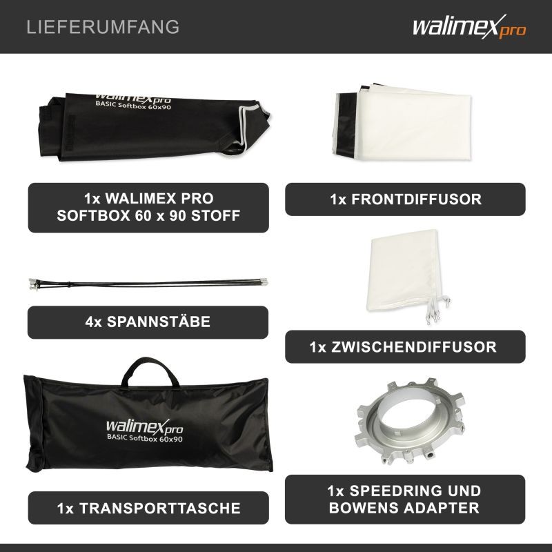 Walimex pro Basic Softbox 60 x 90 cm, 360° kääntyvä, Bowens-adapteri, etu- ja sisädiffuusori, kuljetuslaukku