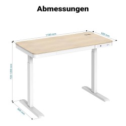 Sähköisesti säädettävä työpöytä 1180 x 600 mm, latausasema, muistitoiminto ja törmäyssuoja