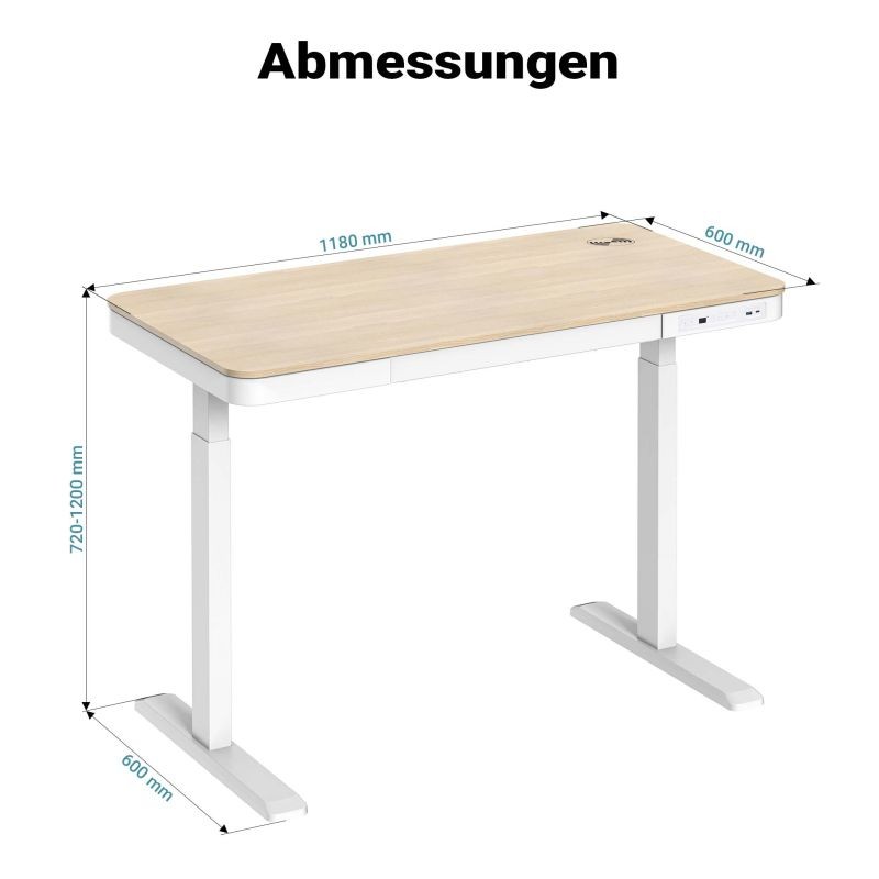 Sähköisesti säädettävä työpöytä 1180 x 600 mm, latausasema, muistitoiminto ja törmäyssuoja