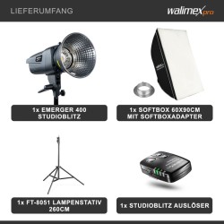 Walimex pro Emerger 400 studiosalamasetti 400 Ws, softbox 60 x 90 cm, lampunjalka ja langaton laukaisin