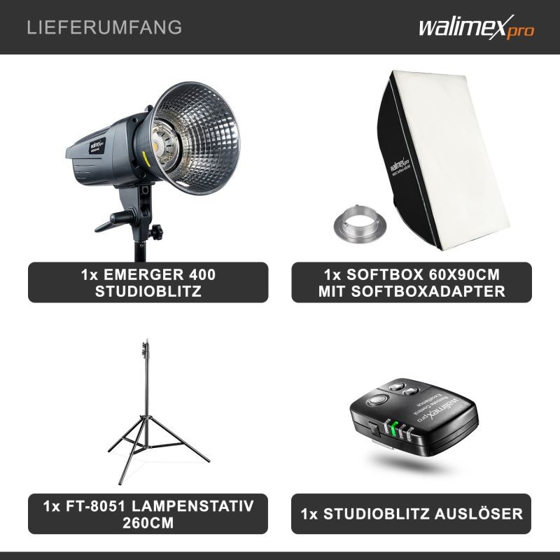 Walimex pro Emerger 400 studiosalamasetti 400 Ws, softbox 60 x 90 cm, lampunjalka ja langaton laukaisin