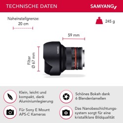 Samyang 12mm f/2.0 Laajakulmaobjektiivi Sony E APS-C MF, musta