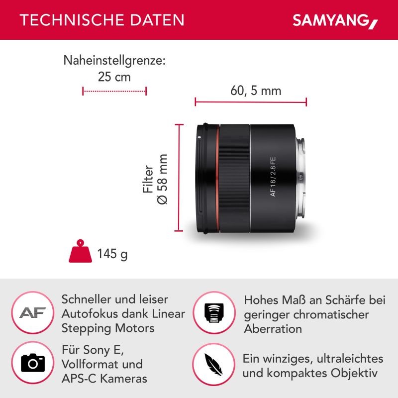 Samyang AF 18mm F2.8 FE laajakulmaobjektiivi Sony E-mount (Täyskenno ja APS-C)