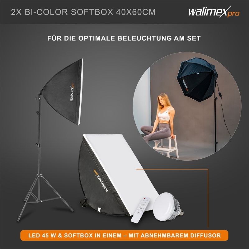 Walimex pro studiopaketti, 2x LED-softbox 45 W Bi-Color, 4x jalusta ja taustajärjestelmä 2,85 x 6 m