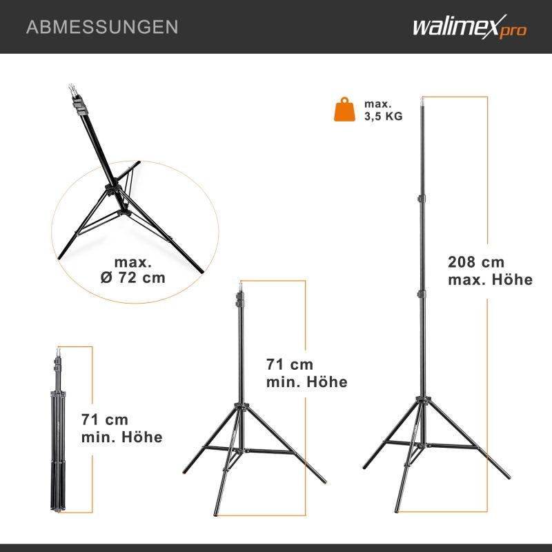 Walimex pro studiopaketti, 2x LED-softbox 45 W Bi-Color, 4x jalusta ja taustajärjestelmä 2,85 x 6 m