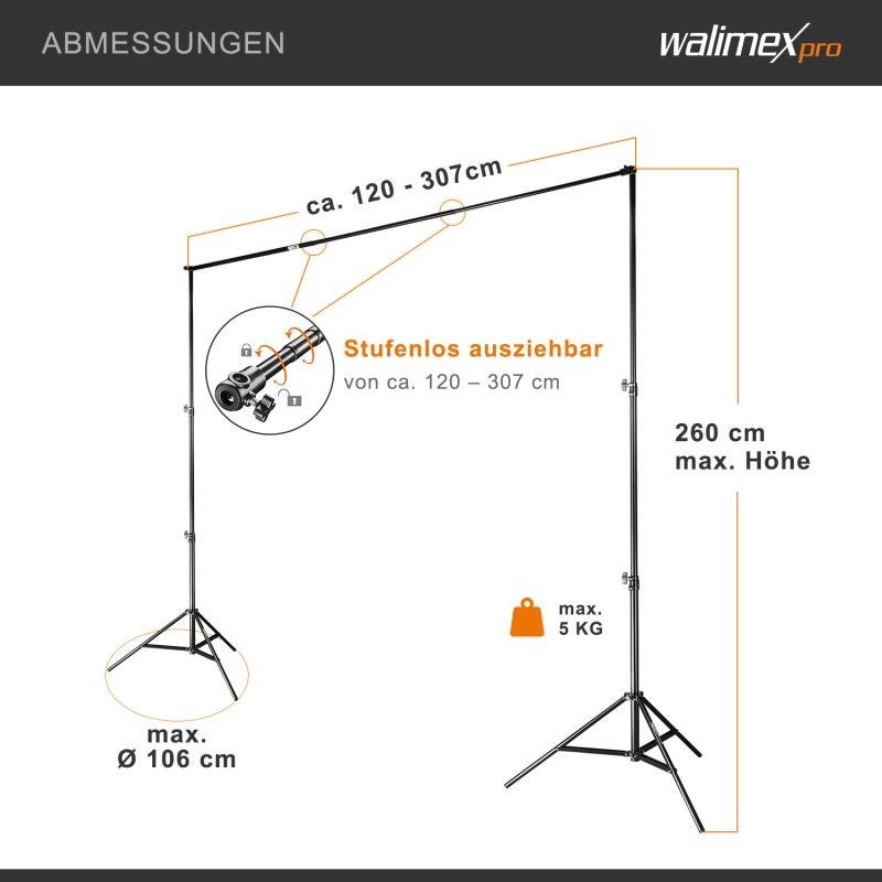 Walimex pro studiopaketti, 2x LED-softbox 45 W Bi-Color, 4x jalusta ja taustajärjestelmä 2,85 x 6 m