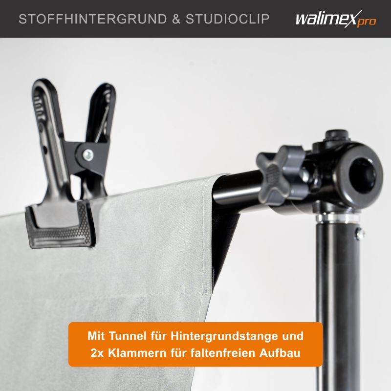 Walimex pro studiopaketti, 2x LED-softbox 45 W Bi-Color, 4x jalusta ja taustajärjestelmä 2,85 x 6 m