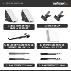 Walimex pro studiopaketti, 2x LED-softbox 45 W Bi-Color, 4x jalusta ja taustajärjestelmä 2,85 x 6 m