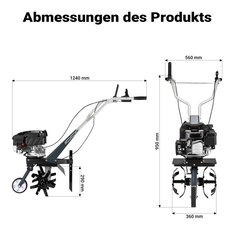 Bensiinikäyttöinen puutarhajyrsin, 36 cm työleveys, 144 ccm moottori, 4 terää