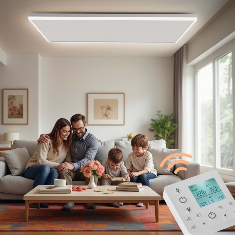 Katto-infrapunalämmitin LED-valaistuksella ja termostaatilla, 708 W, 108 x 63 x 3,5 cm, valkoinen
