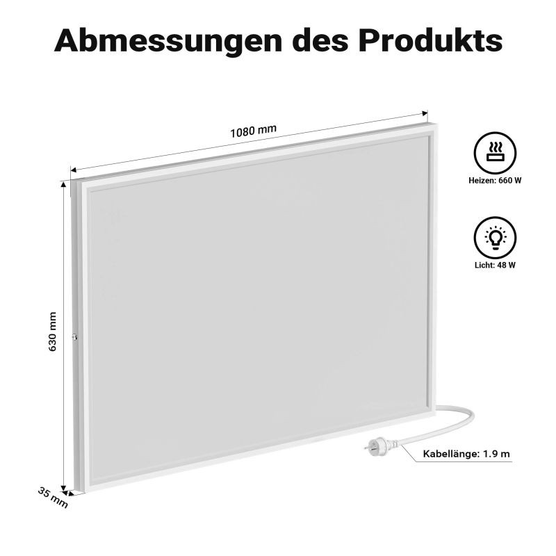 Katto-infrapunalämmitin LED-valaistuksella ja termostaatilla, 708 W, 108 x 63 x 3,5 cm, valkoinen