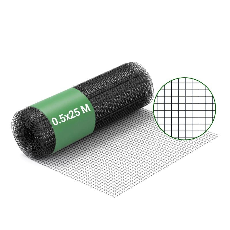 Musta PVC-pinnoitettu teräsverkko 50 cm x 25 m, 0,9 mm, 12 x 12 mm