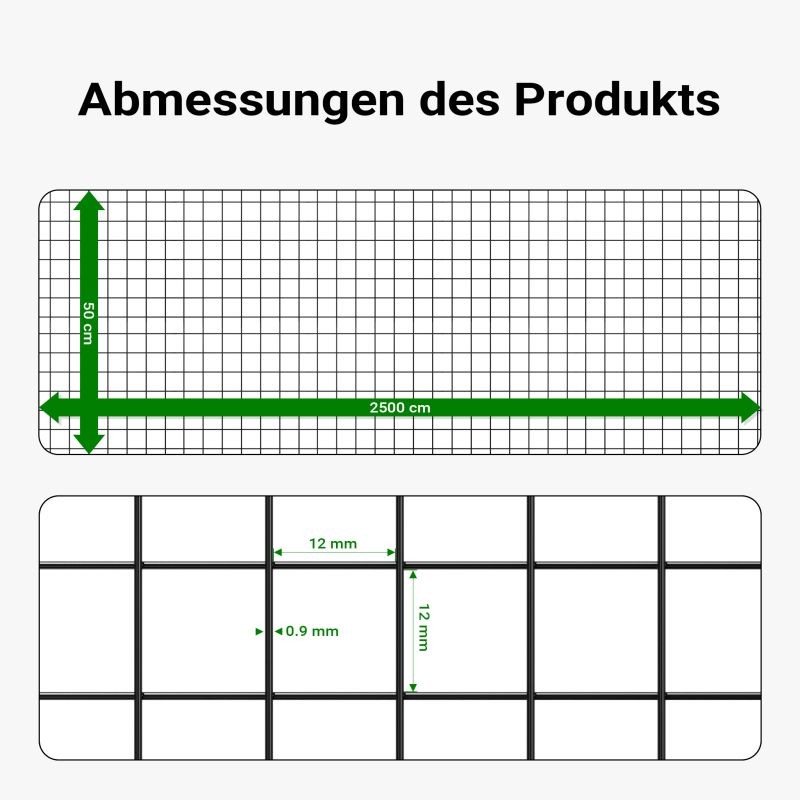 Musta PVC-pinnoitettu teräsverkko 50 cm x 25 m, 0,9 mm, 12 x 12 mm