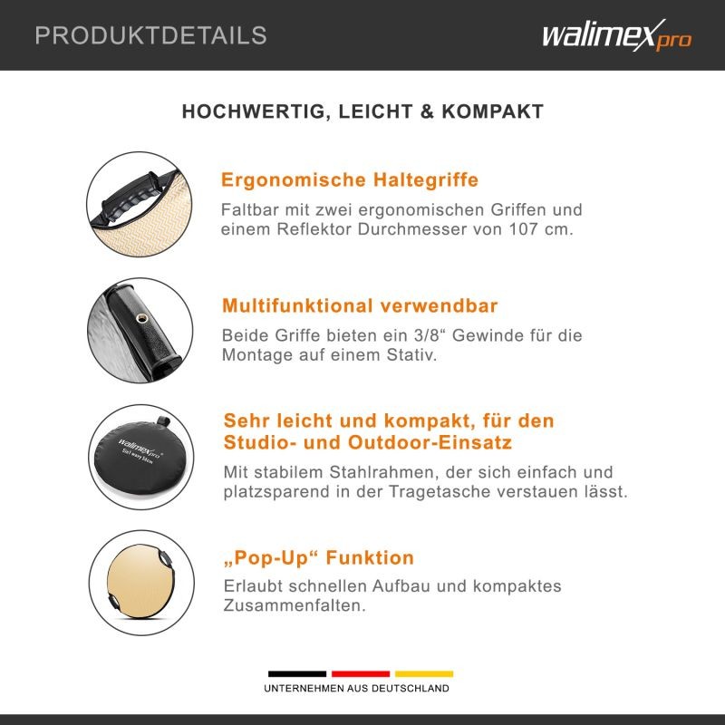 Walimex pro 5-in-1-heijastinsarja Ø 107 cm Pop-up, Wavy-kulta/hopea, valkoinen, hopea, musta, diffuusori