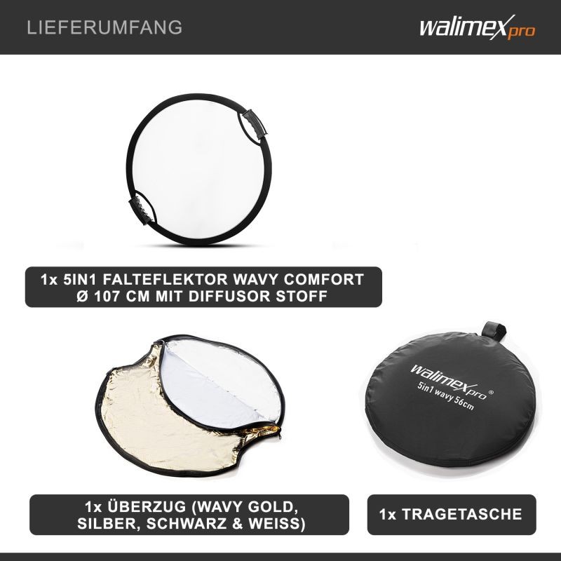 Walimex pro 5-in-1-heijastinsarja Ø 107 cm Pop-up, Wavy-kulta/hopea, valkoinen, hopea, musta, diffuusori