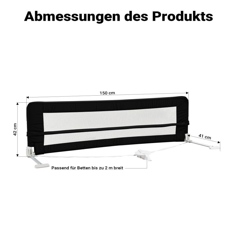 Sängyn turva-aita lapsille 150 x 42 cm, musta, taittuva, nylon ja metalli