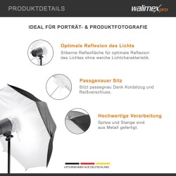 Walimex pro Sateenvarjosoftbox 109 cm, hopeinen heijastuspinta, muotokuva- ja tuotekuvaukseen