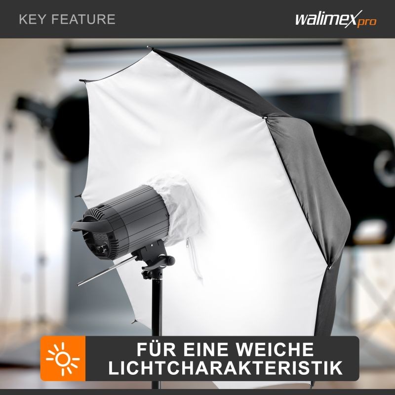 Walimex pro Sateenvarjosoftbox 109 cm, hopeinen heijastuspinta, muotokuva- ja tuotekuvaukseen