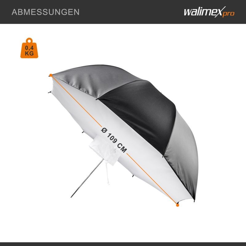 Walimex pro Sateenvarjosoftbox 109 cm, hopeinen heijastuspinta, muotokuva- ja tuotekuvaukseen