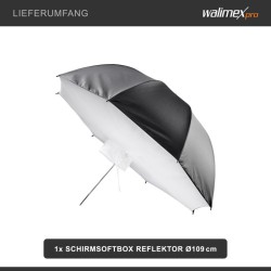 Walimex pro Sateenvarjosoftbox 109 cm, hopeinen heijastuspinta, muotokuva- ja tuotekuvaukseen