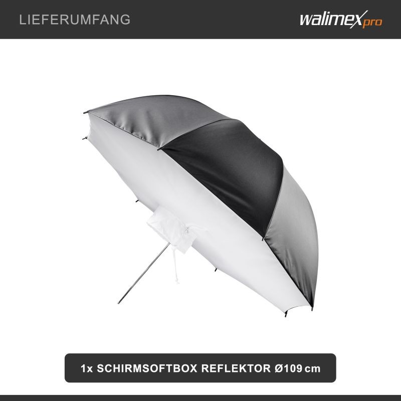 Walimex pro Sateenvarjosoftbox 109 cm, hopeinen heijastuspinta, muotokuva- ja tuotekuvaukseen
