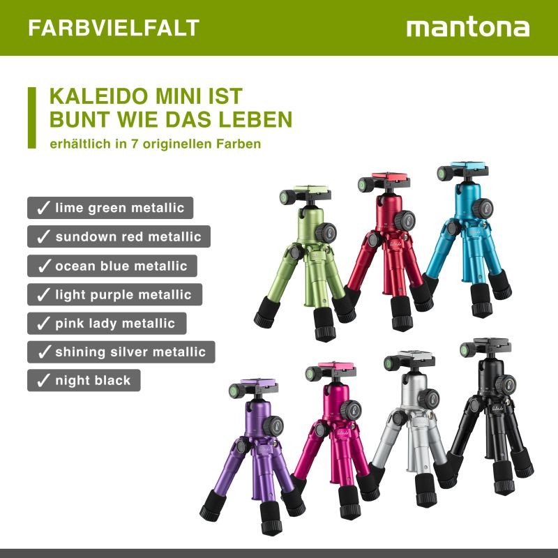 Mantona Kaleido Mini-pöytäjalusta Ocean Blue Metallic, kuulapää, pikalukituslevy ja kuljetuslaukku