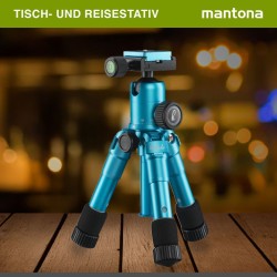 Mantona Kaleido Mini-pöytäjalusta Ocean Blue Metallic, kuulapää, pikalukituslevy ja kuljetuslaukku