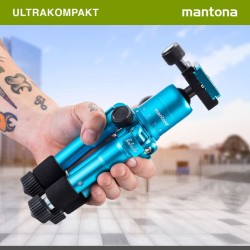 Mantona Kaleido Mini-pöytäjalusta Ocean Blue Metallic, kuulapää, pikalukituslevy ja kuljetuslaukku