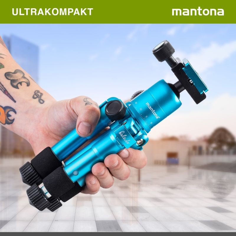 Mantona Kaleido Mini-pöytäjalusta Ocean Blue Metallic, kuulapää, pikalukituslevy ja kuljetuslaukku