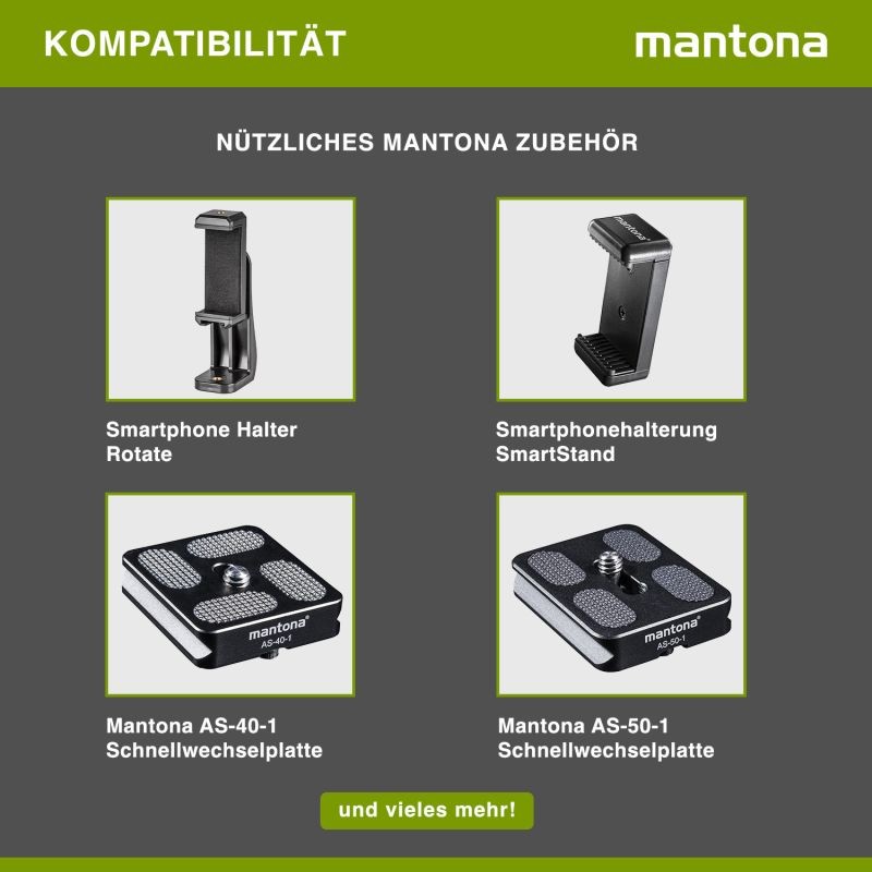 Mantona Kaleido Mini matka- ja pöytäjalusta, limenvihreä, kuulapää, pikalukituslevy ja kuljetuslaukku