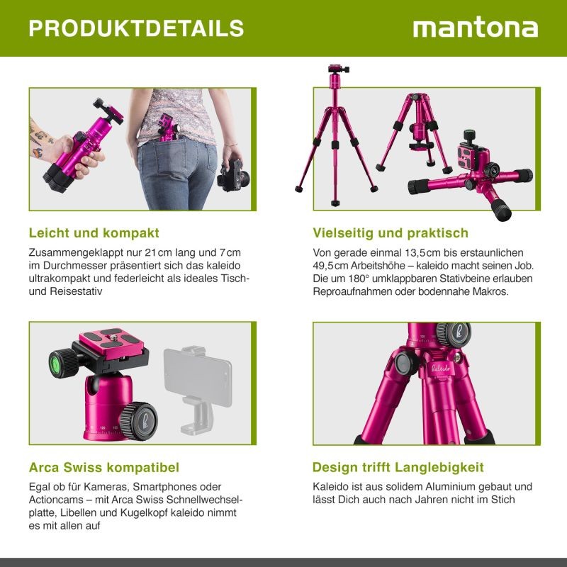 Mantona Kaleido mini-pöytä- ja matkajalusta, Lady Pink Metallic, alumiini, kuvapää ja kuljetuslaukku