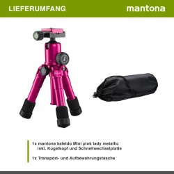 Mantona Kaleido mini-pöytä- ja matkajalusta, Lady Pink Metallic, alumiini, kuvapää ja kuljetuslaukku