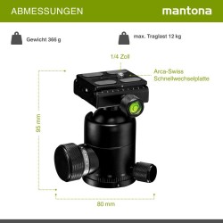 Mantona Onyx 12 pallopää M1-3612A, alumiini, Arca-Swiss-pikavapautuslevy 50 mm, 360° panoraama, 3 vatupasia