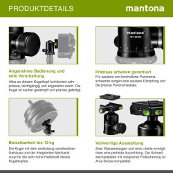 Mantona Onyx 12 pallopää M1-3612A, alumiini, Arca-Swiss-pikavapautuslevy 50 mm, 360° panoraama, 3 vatupasia