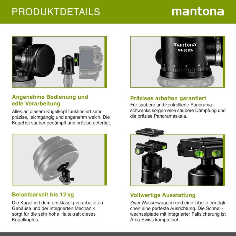 Mantona Onyx 12 pallopää M1-3612A, alumiini, Arca-Swiss-pikavapautuslevy 50 mm, 360° panoraama, 3 vatupasia