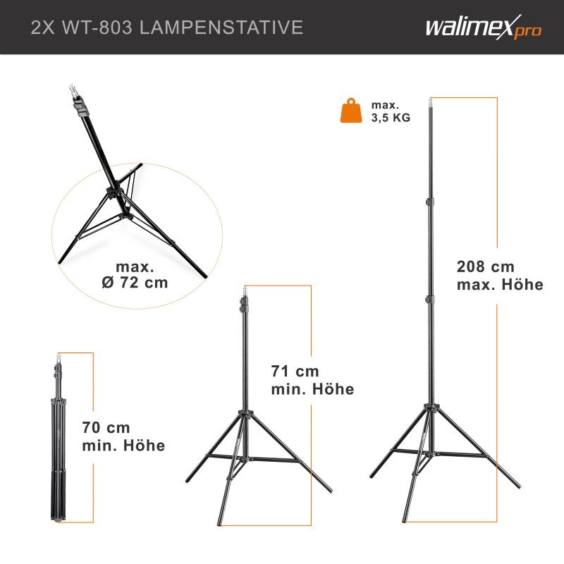 Walimex pro Octagon studiosetti, 45 W LED-valaisimet, 65 cm softboxit, 2,85 x 6 m taustakangas ja jalustat