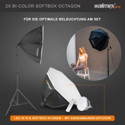 Walimex pro Octagon studiosetti, 45 W LED-valaisimet, 65 cm softboxit, 2,85 x 6 m taustakangas ja jalustat