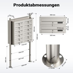 12-lokeroinen postilaatikkojärjestelmä jalustalla, ruostumaton teräs, 945 x 270 x 1500 mm, hopea