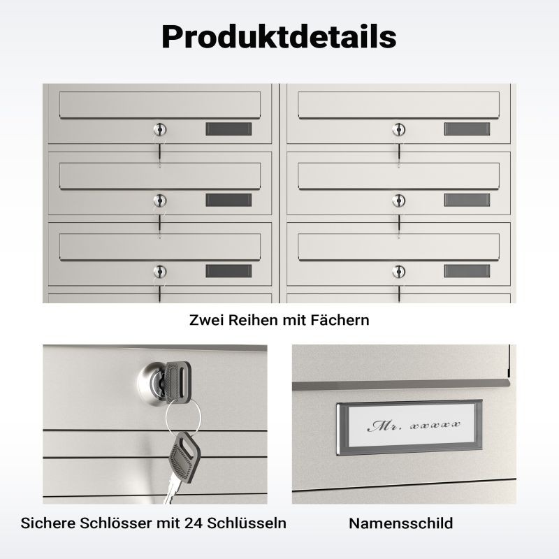 12-lokeroinen postilaatikkojärjestelmä jalustalla, ruostumaton teräs, 945 x 270 x 1500 mm, hopea