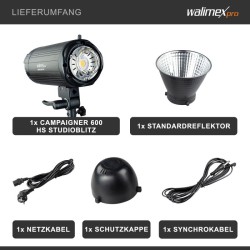 Walimex pro Campaigner 600 HS studiosalama 600 Ws, 2,4 GHz vastaanotin, LED-mallivalo