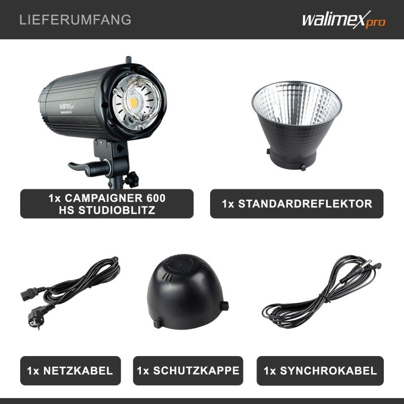 Walimex pro Campaigner 600 HS studiosalama 600 Ws, 2,4 GHz vastaanotin, LED-mallivalo