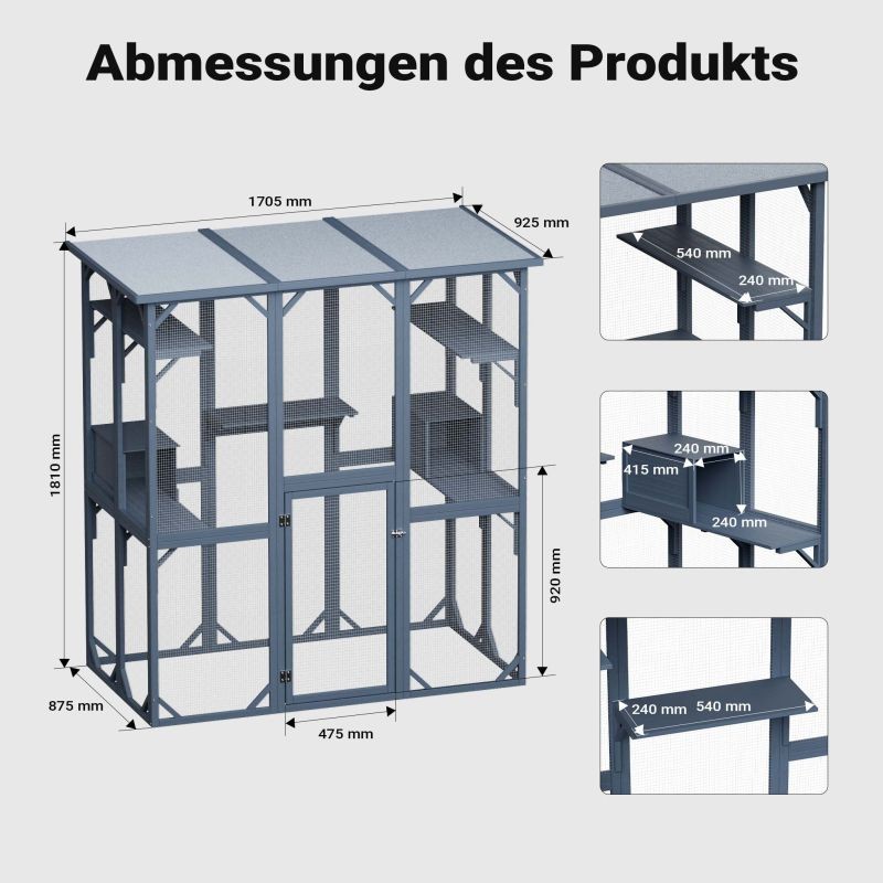 Kissan ulkohäkki 1705 x 925 x 1810 mm, kuusipuu, bitumikatto, tummanharmaa