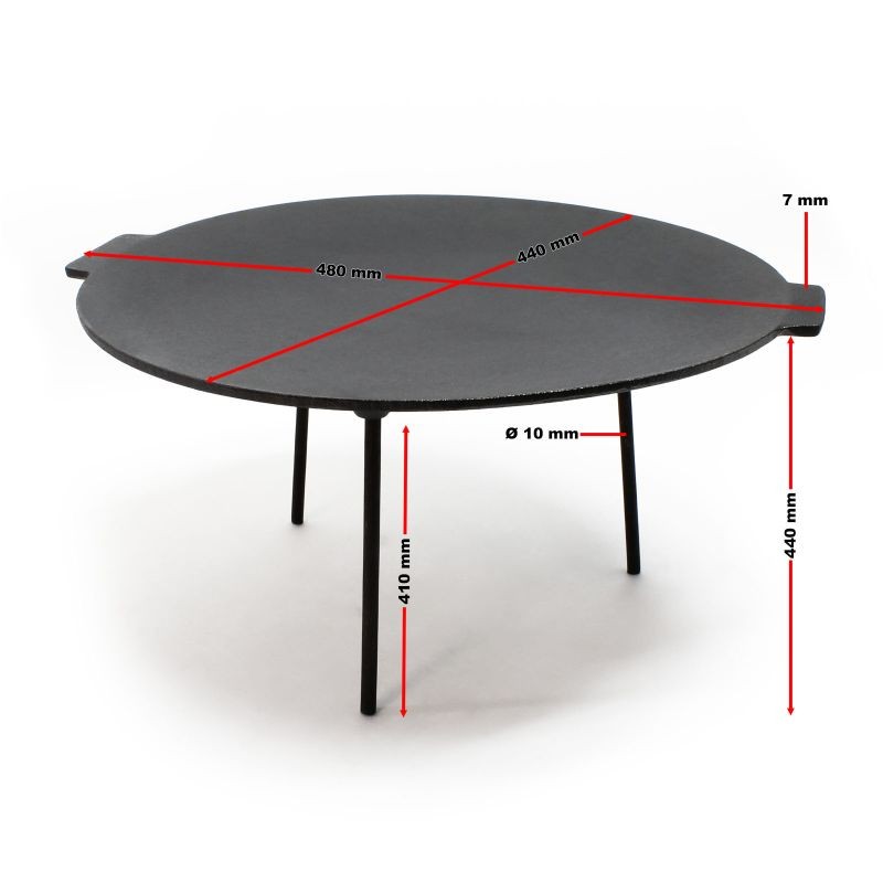 Valurautainen grillauslevy pyöreä Ø44 cm, korkeus 44 cm, 3 jalkaa, musta
