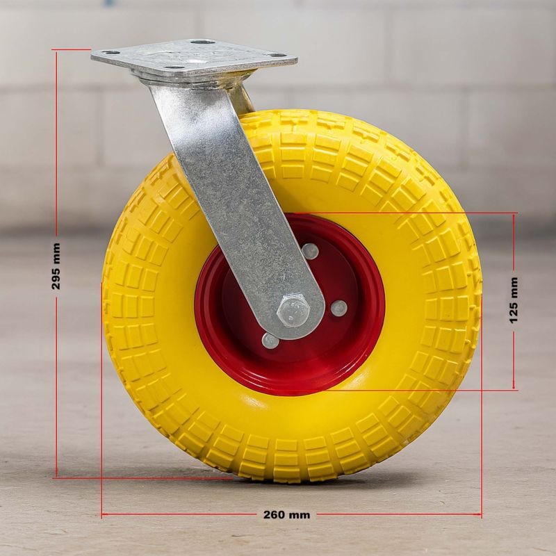 Kääntyvä kuljetusrulla Ø258 mm, 150 kg, puhkeamaton PU-rengas, keltainen