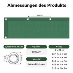 Vedenpitävä suojapeite 2 x 3 m, tummanvihreä, PVC-pinnoitettu polyesteri 650 g/m², UV-kestävä