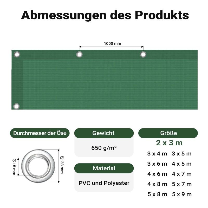 Vedenpitävä suojapeite 2 x 3 m, tummanvihreä, PVC-pinnoitettu polyesteri 650 g/m², UV-kestävä