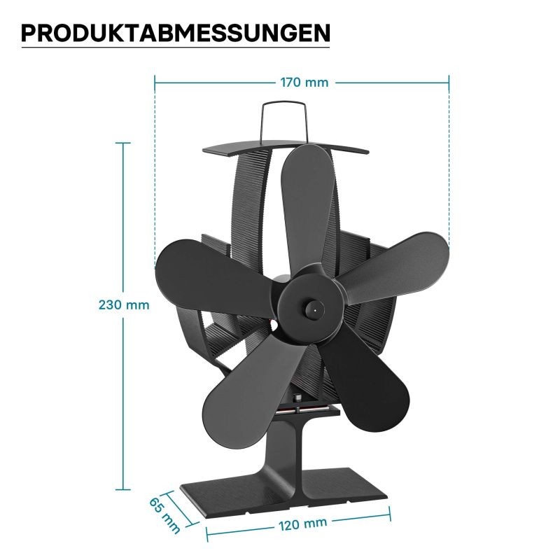 Sähköttömä takkatuuletin, 5 lapaa, 60–350 °C, musta