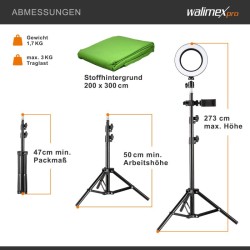 Walimex Greenscreen-setti 200 x 300 cm, jalusta, LED-rengasvalo, solmiikka-mikrofoni ja puhelimen pidike