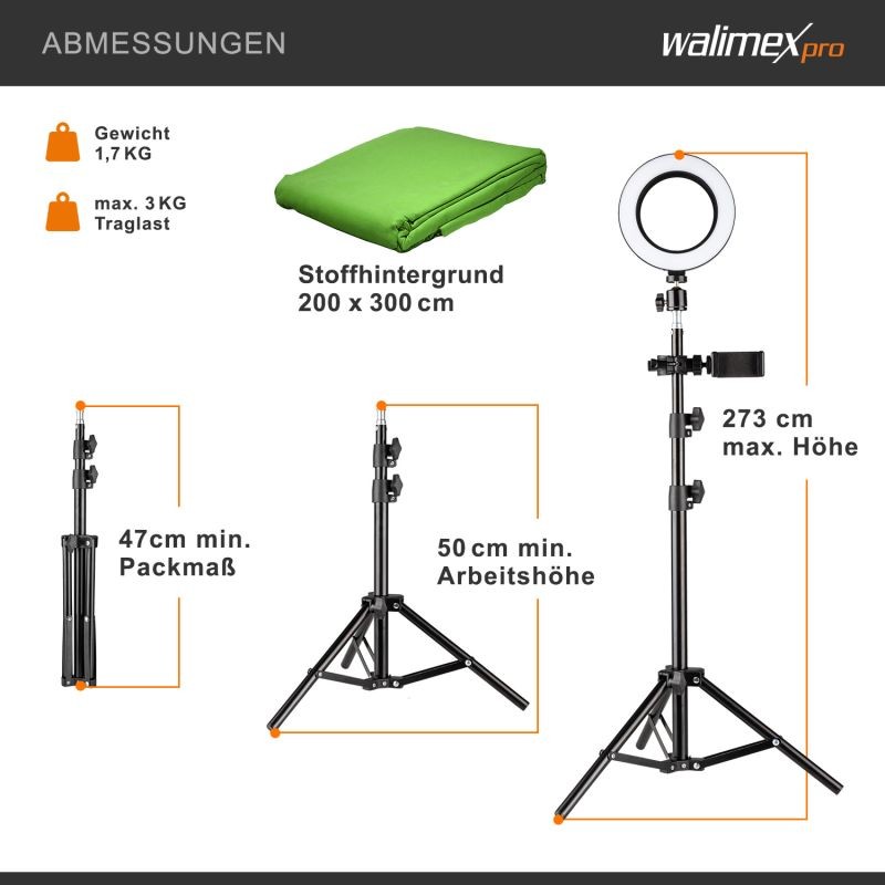 Walimex Greenscreen-setti 200 x 300 cm, jalusta, LED-rengasvalo, solmiikka-mikrofoni ja puhelimen pidike